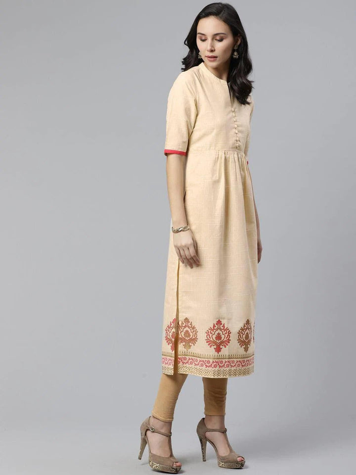 Beige Printed Cotton Kurti - ShopLibas