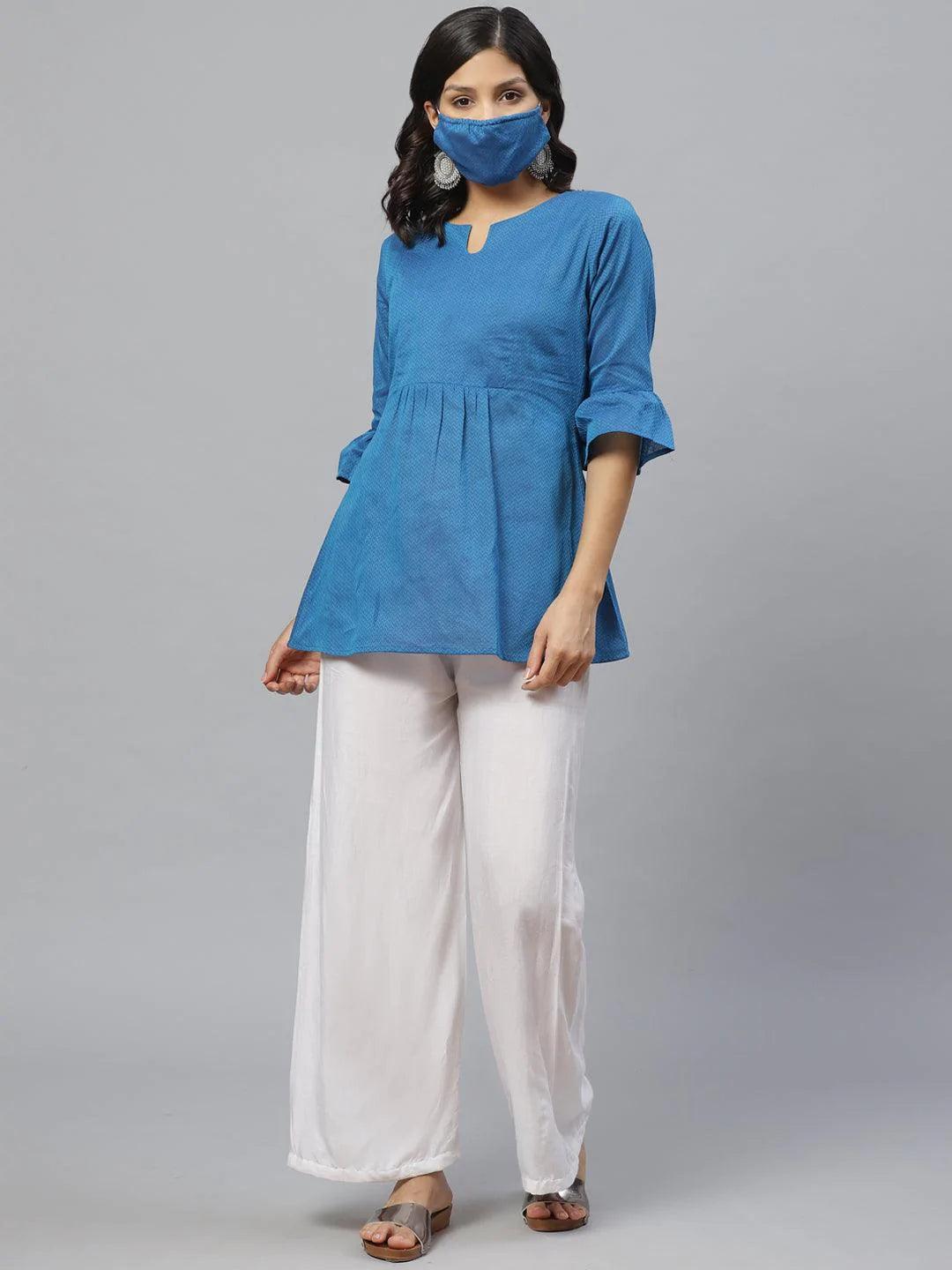 Blue Self Design Cotton Kurti With Mask - ShopLibas