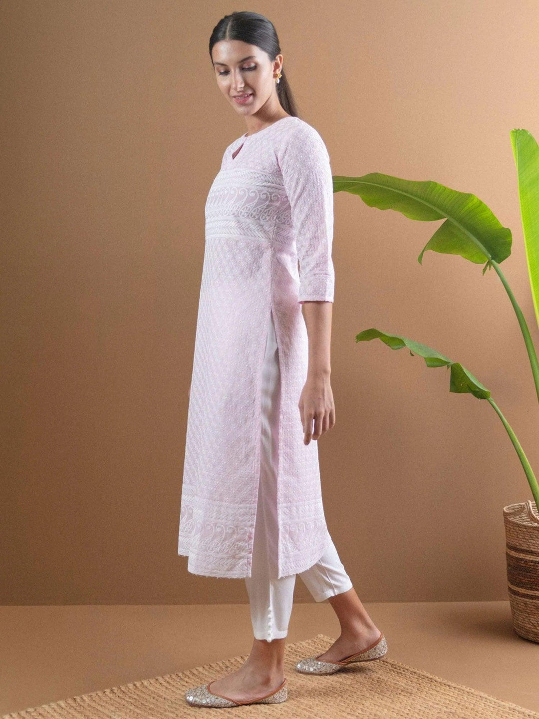 Pink Embroidered Cotton Kurta - ShopLibas