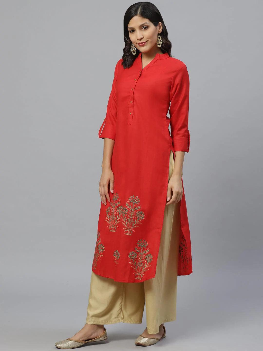 Red Printed Cotton Kurta - ShopLibas