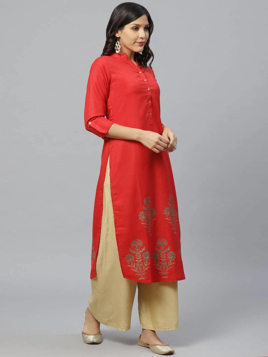 Red Printed Cotton Kurta - ShopLibas