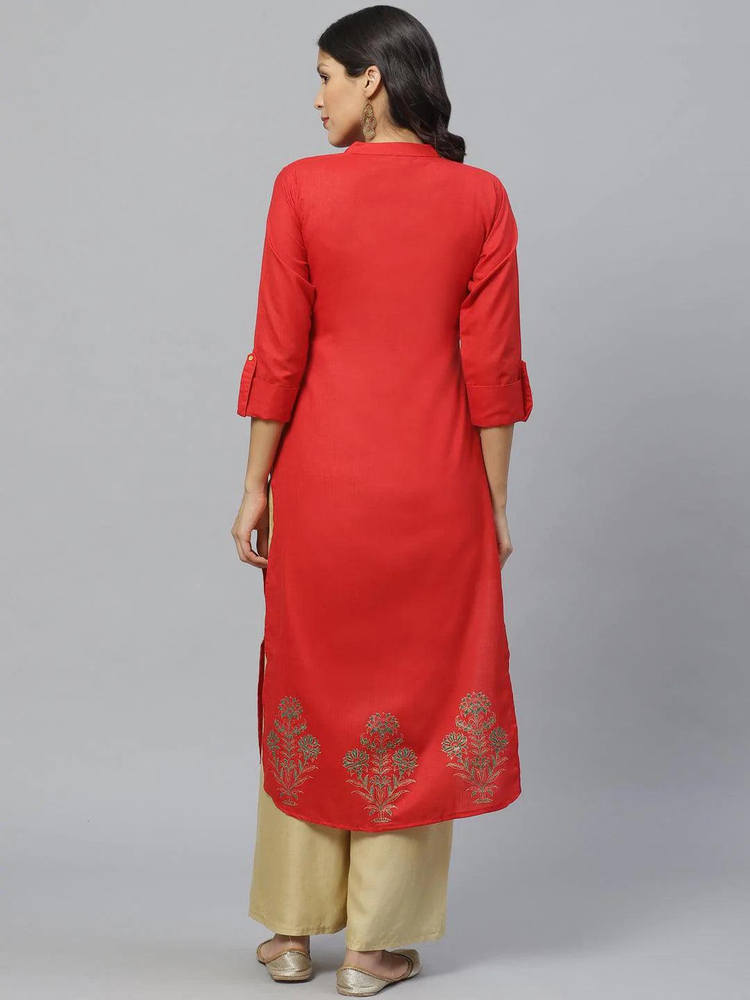 Red Printed Cotton Kurta - ShopLibas