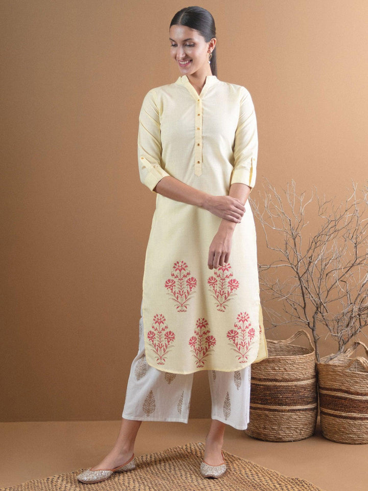 Yellow Printed Cotton Kurta - ShopLibas