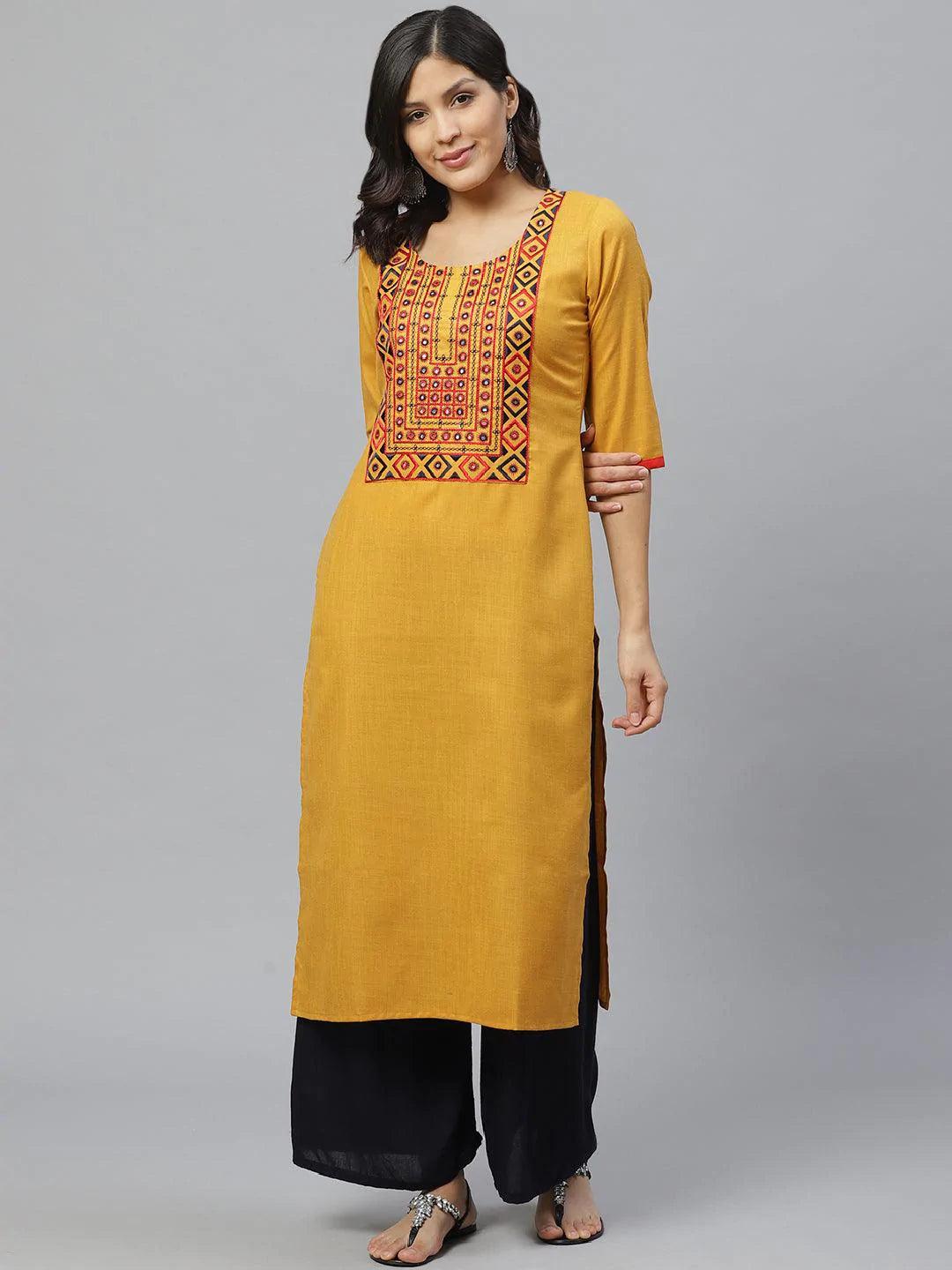 Yellow Embroidered Cotton Kurta - ShopLibas