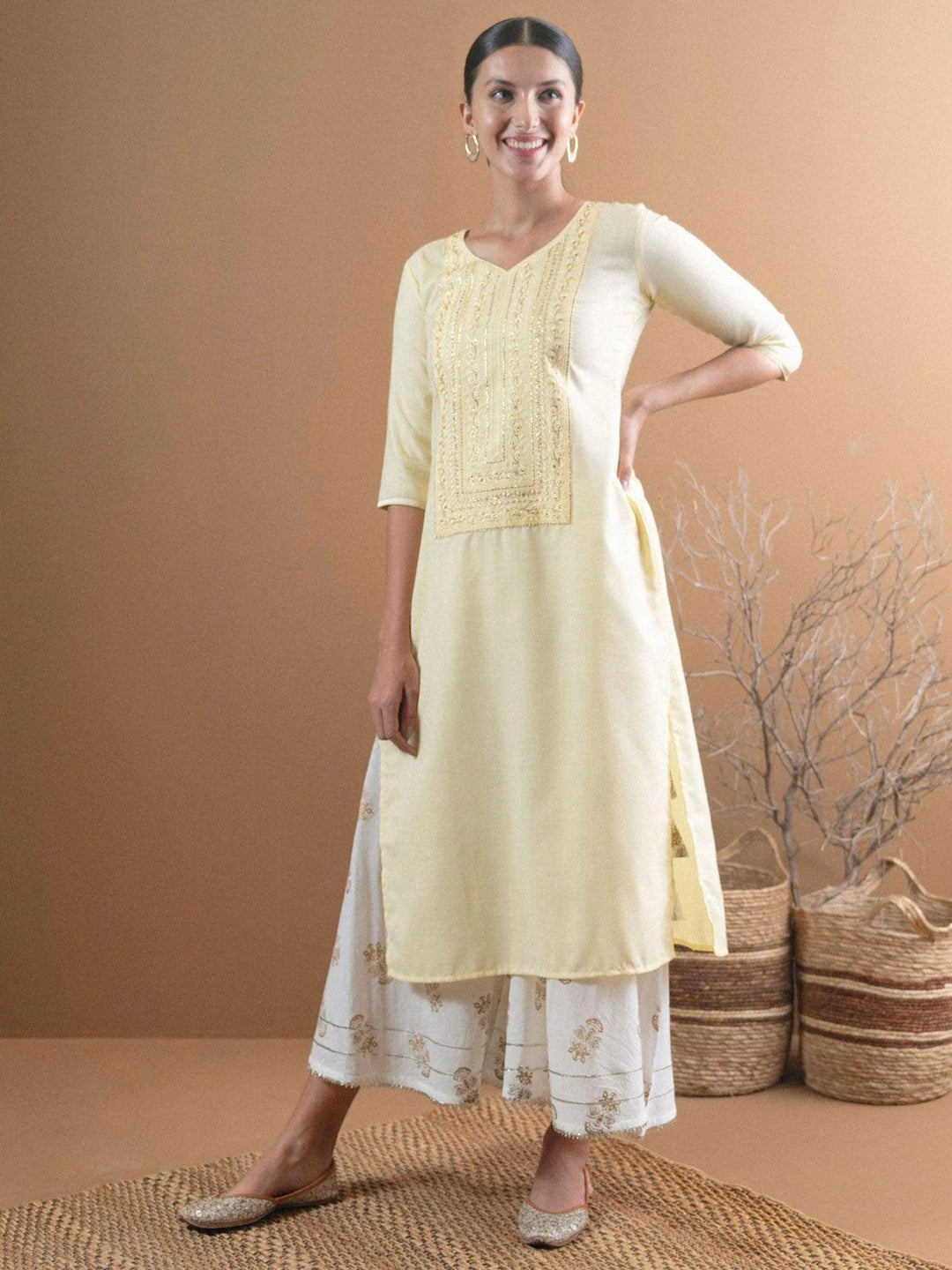 Beige Embroidered Cotton Kurta With Mask - ShopLibas