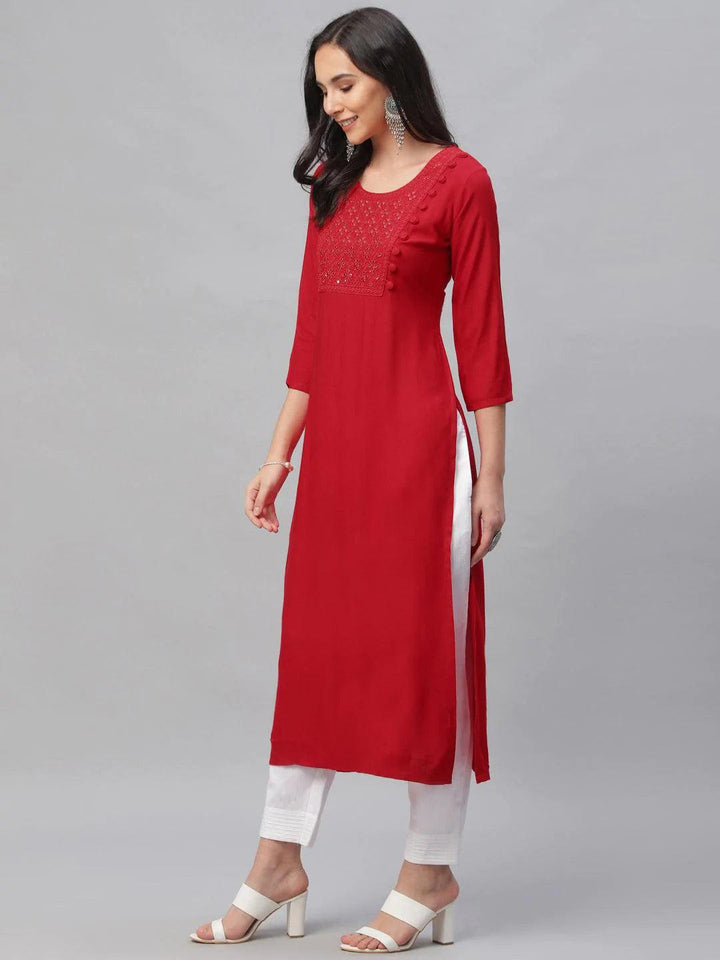 Red Embroidered Rayon Kurta