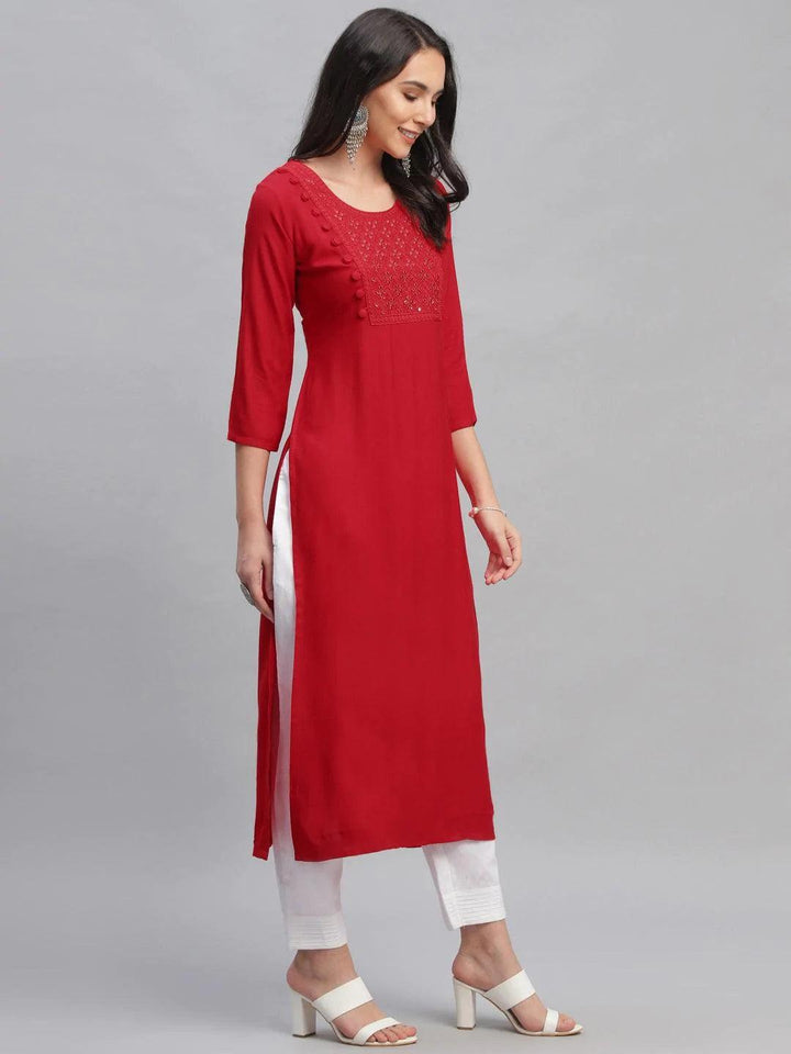 Red Embroidered Rayon Kurta