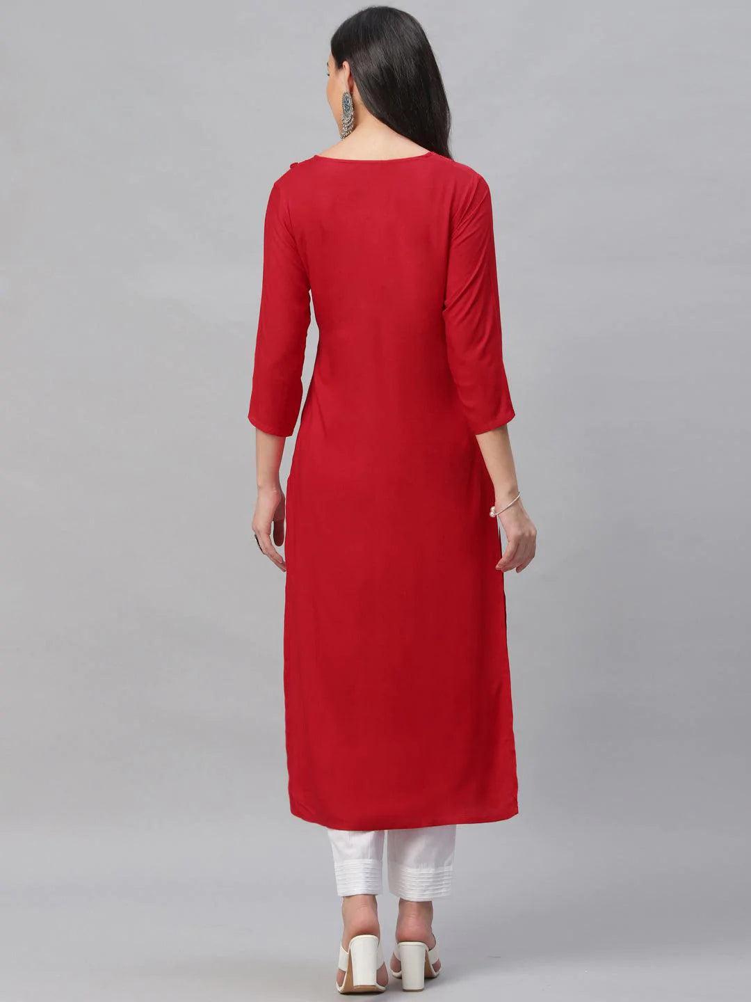 Red Embroidered Rayon Kurta - ShopLibas 