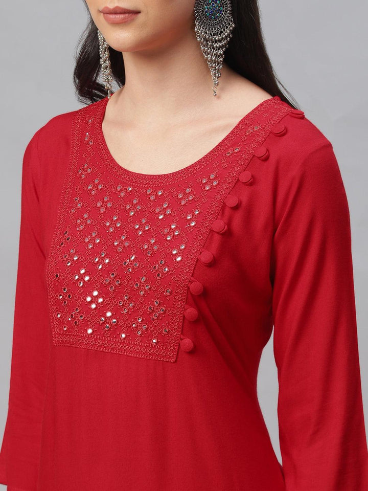 Red Embroidered Rayon Kurta