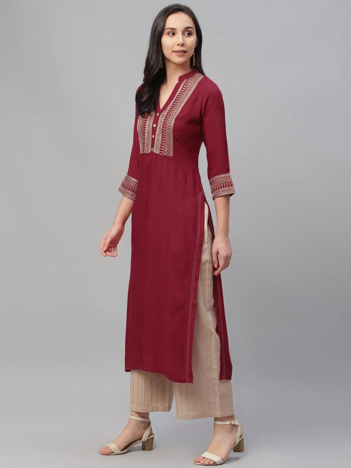 Maroon Embroidered Rayon Kurta