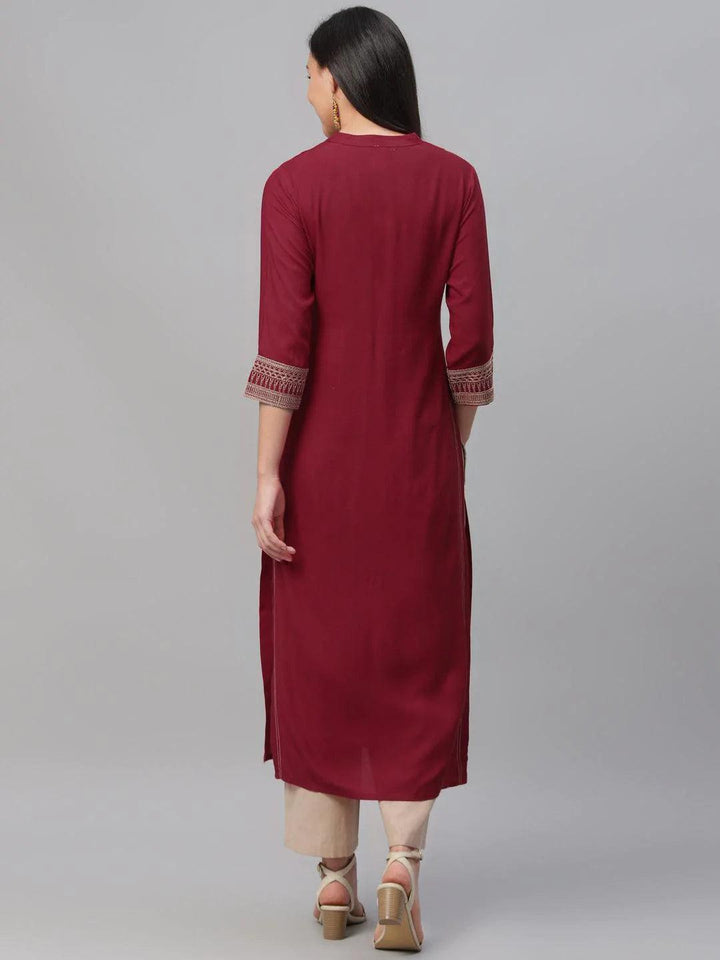 Maroon Embroidered Rayon Kurta