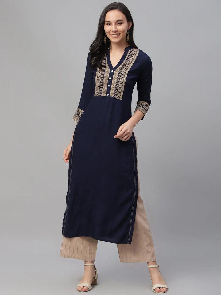 Blue Embroidered Rayon Kurta - ShopLibas