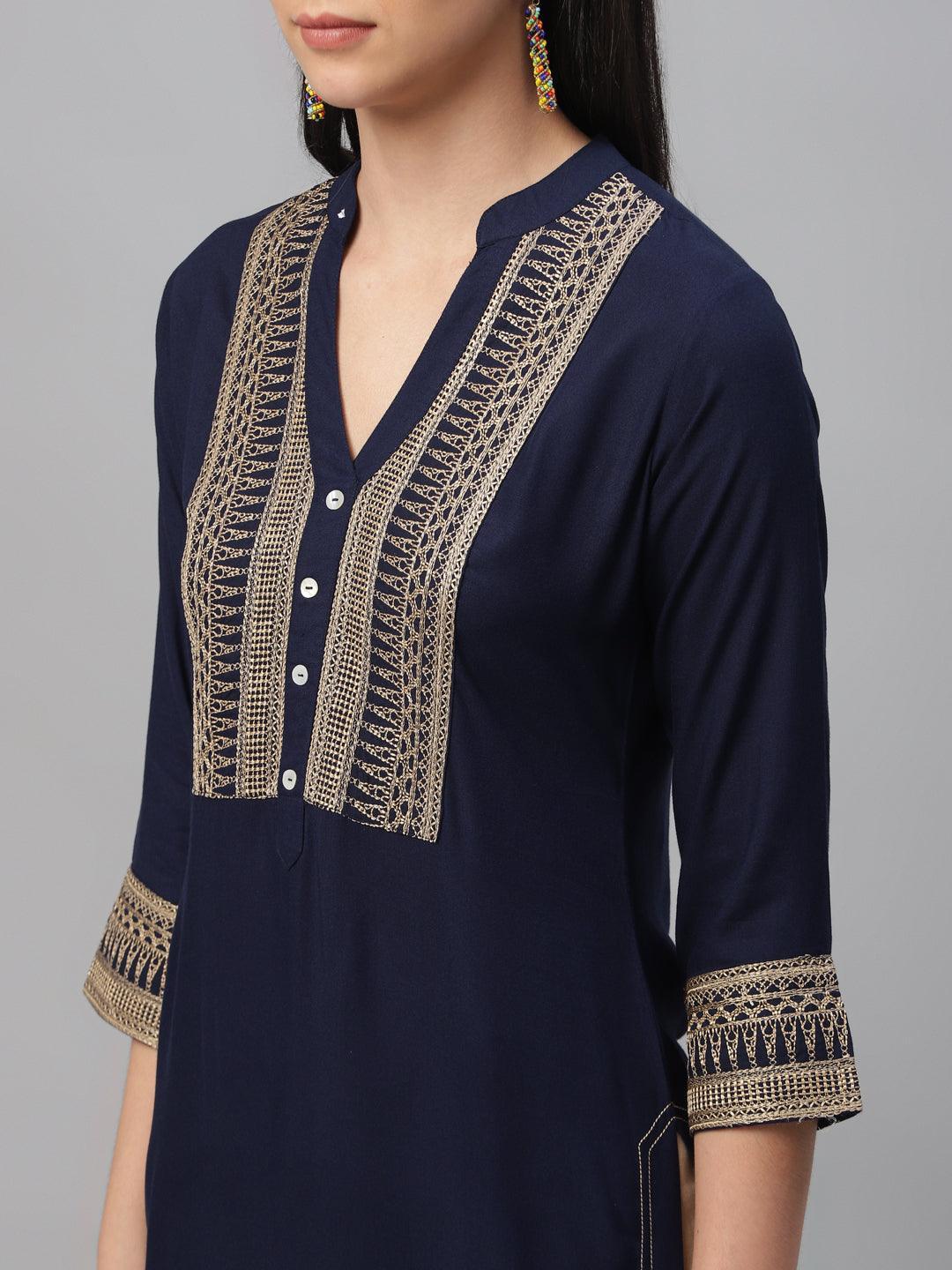 Blue Embroidered Rayon Kurta - ShopLibas