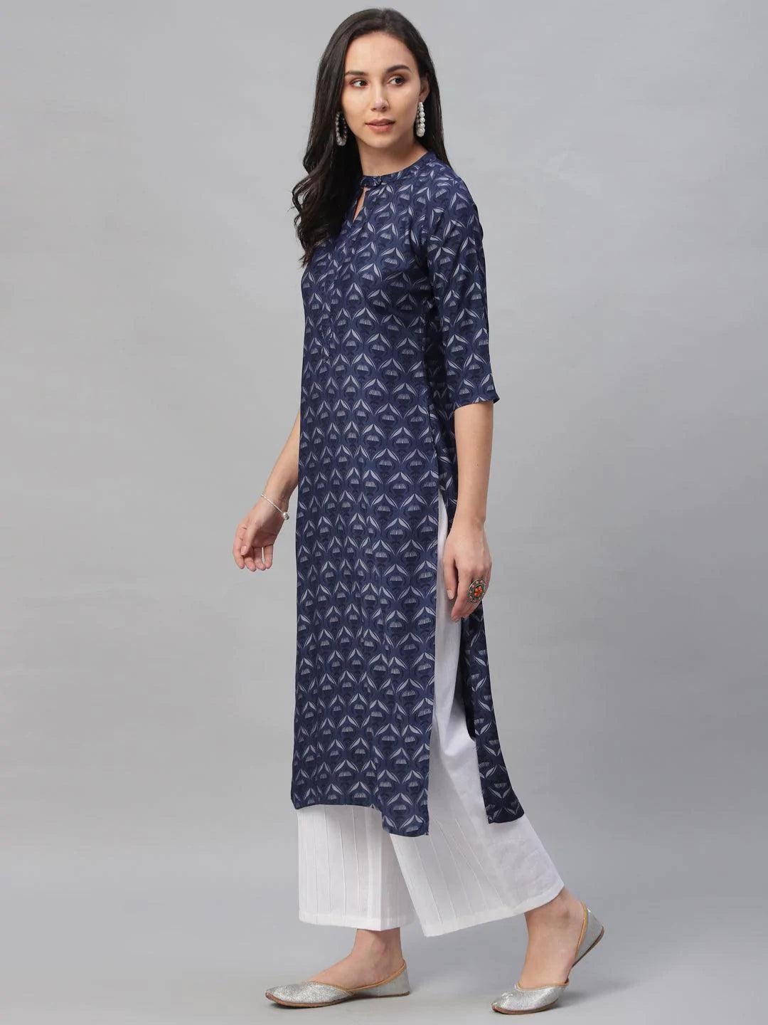 Blue Printed Rayon Kurta - ShopLibas