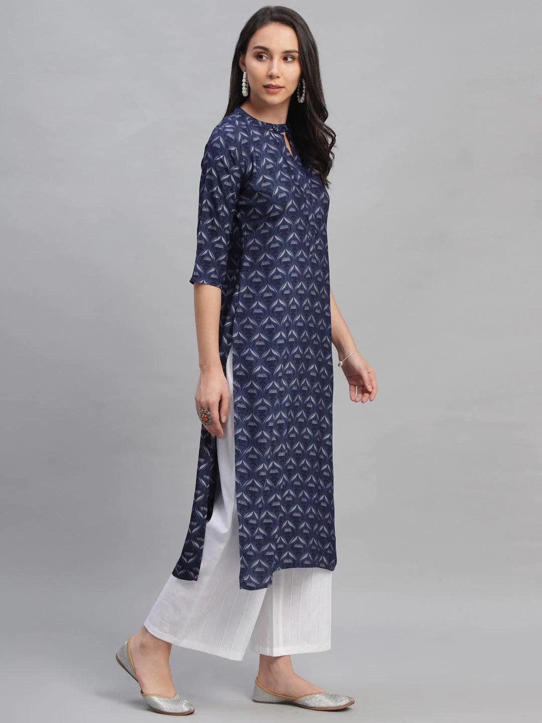 Blue Printed Rayon Kurta - ShopLibas