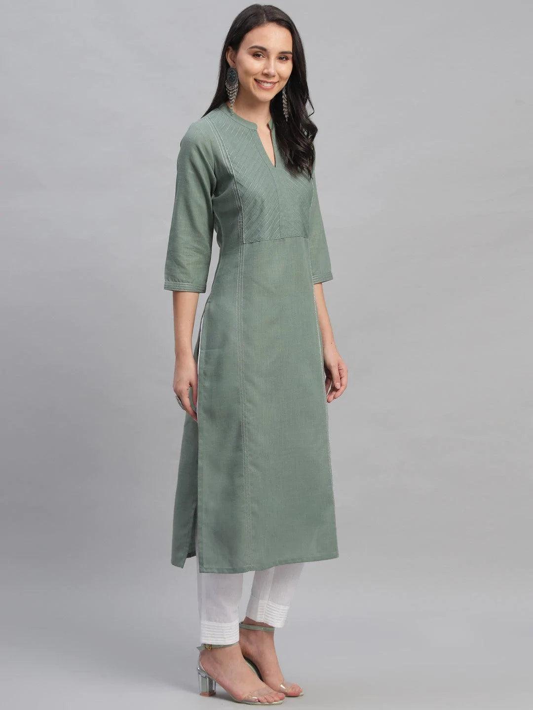 Green Solid Cotton Kurta - ShopLibas