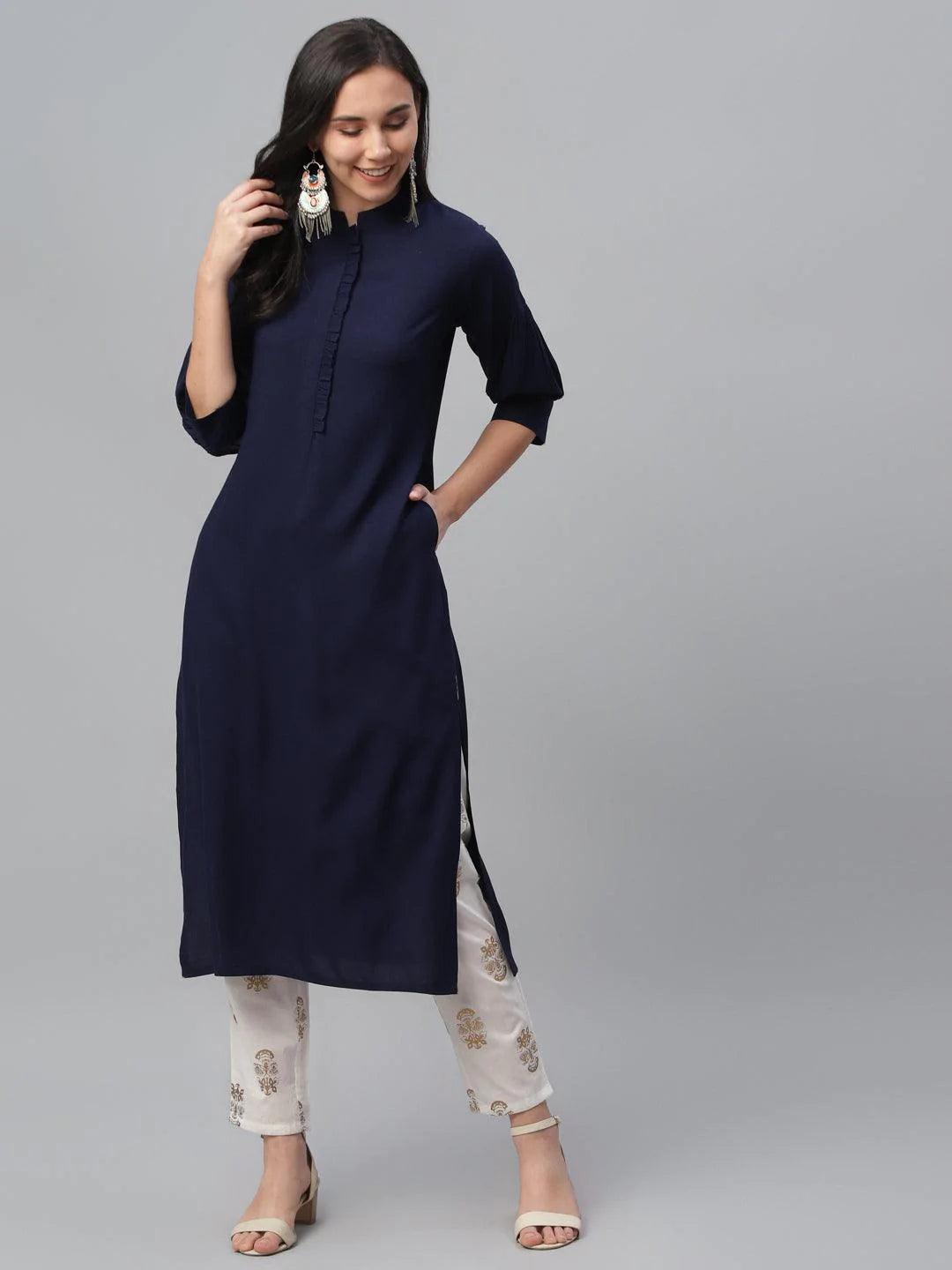 Blue Solid Rayon Kurta - ShopLibas
