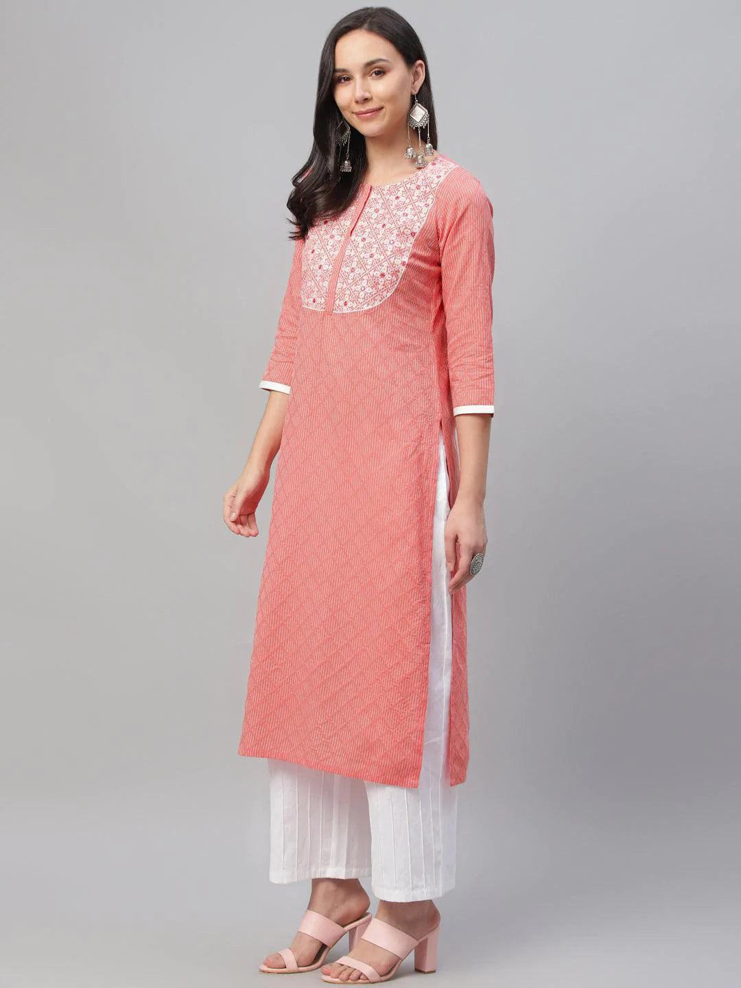 Pink Embroidered Cotton Kurta - ShopLibas 