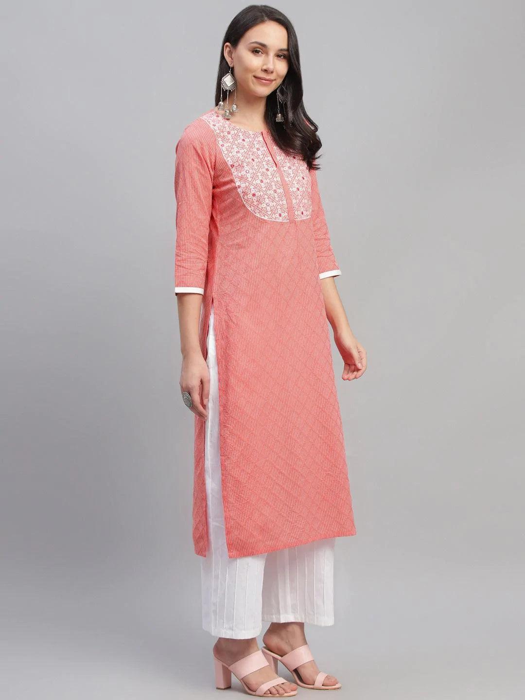 Pink Embroidered Cotton Kurta - ShopLibas 
