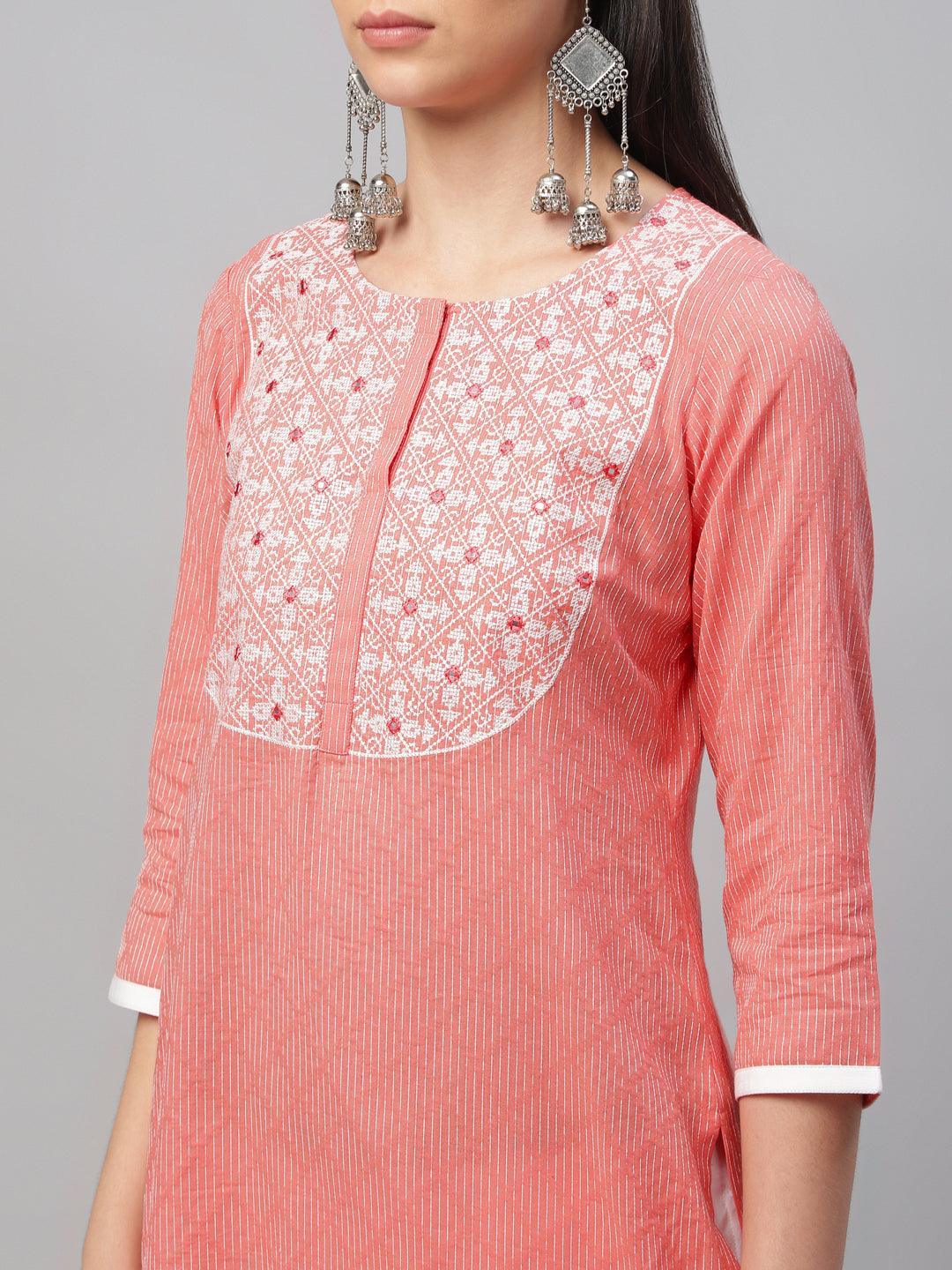 Pink Embroidered Cotton Kurta - ShopLibas 