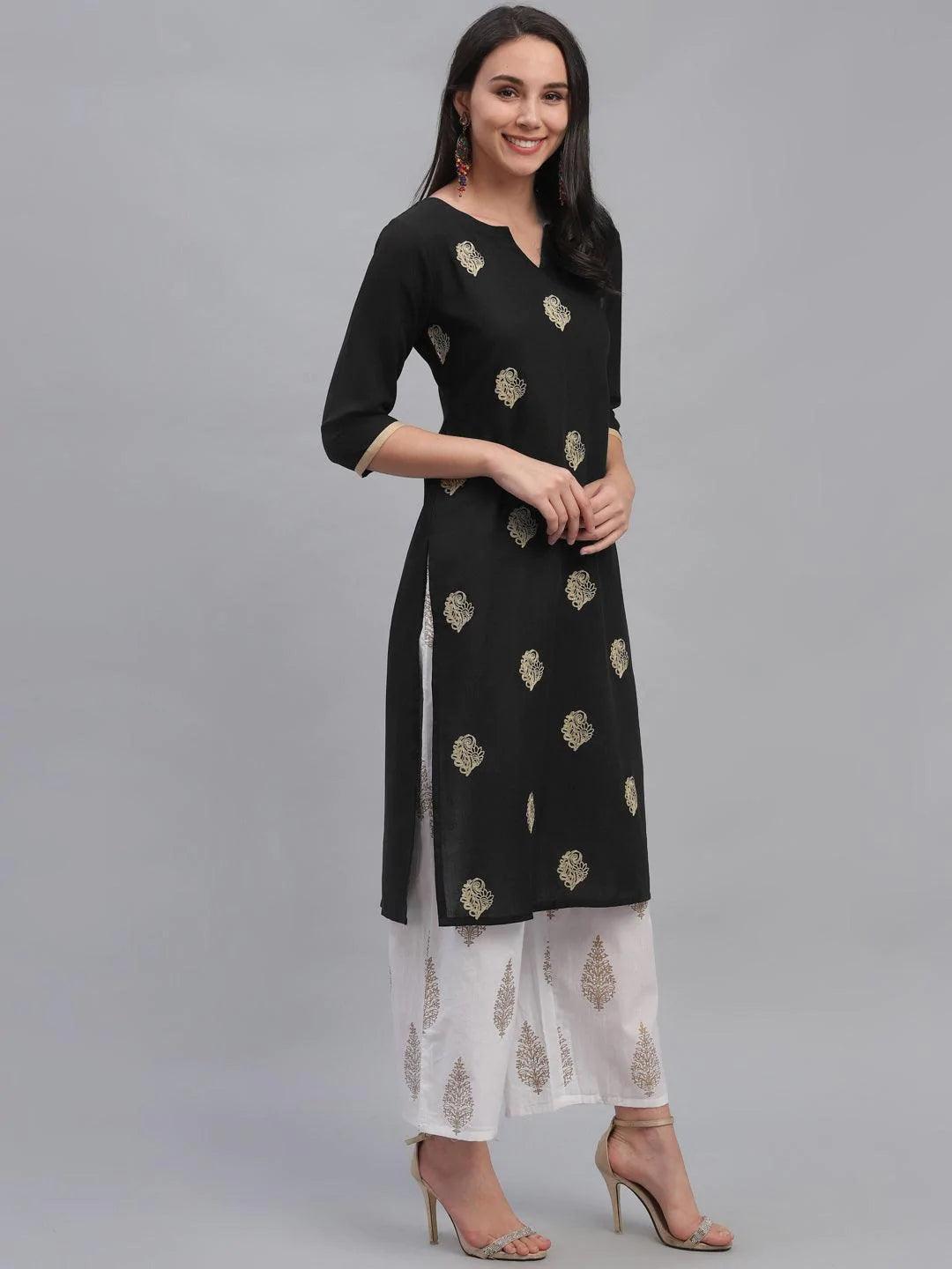 Black Embroidered Rayon Kurta - ShopLibas