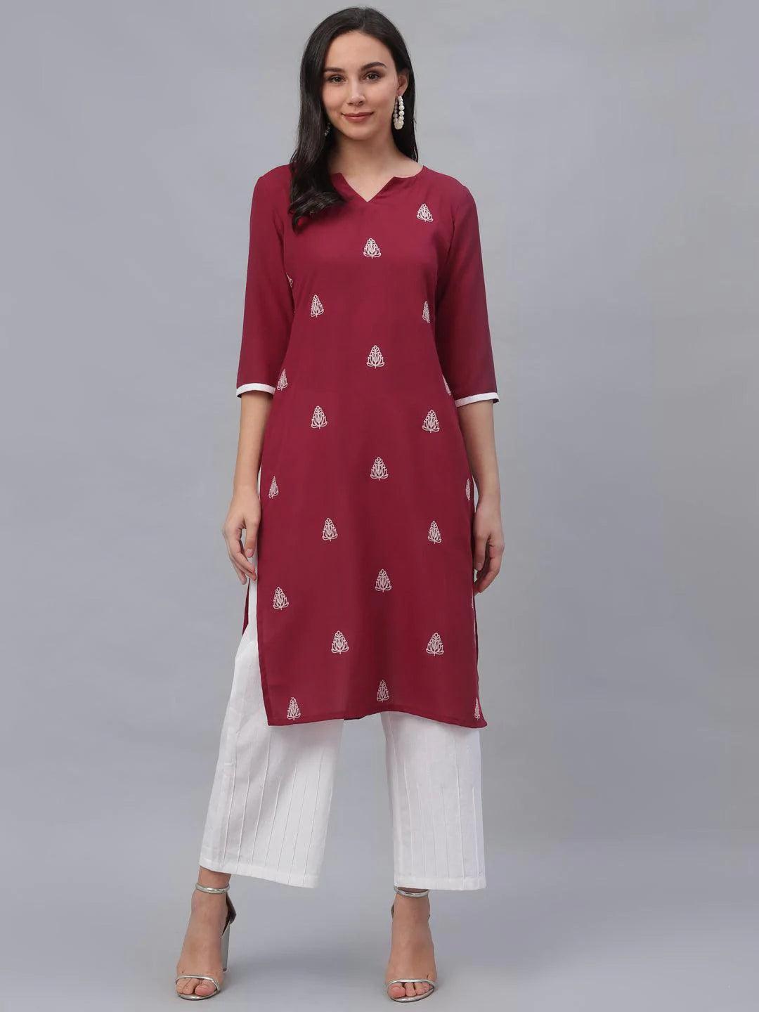 Maroon Embroidered Rayon Kurta - ShopLibas