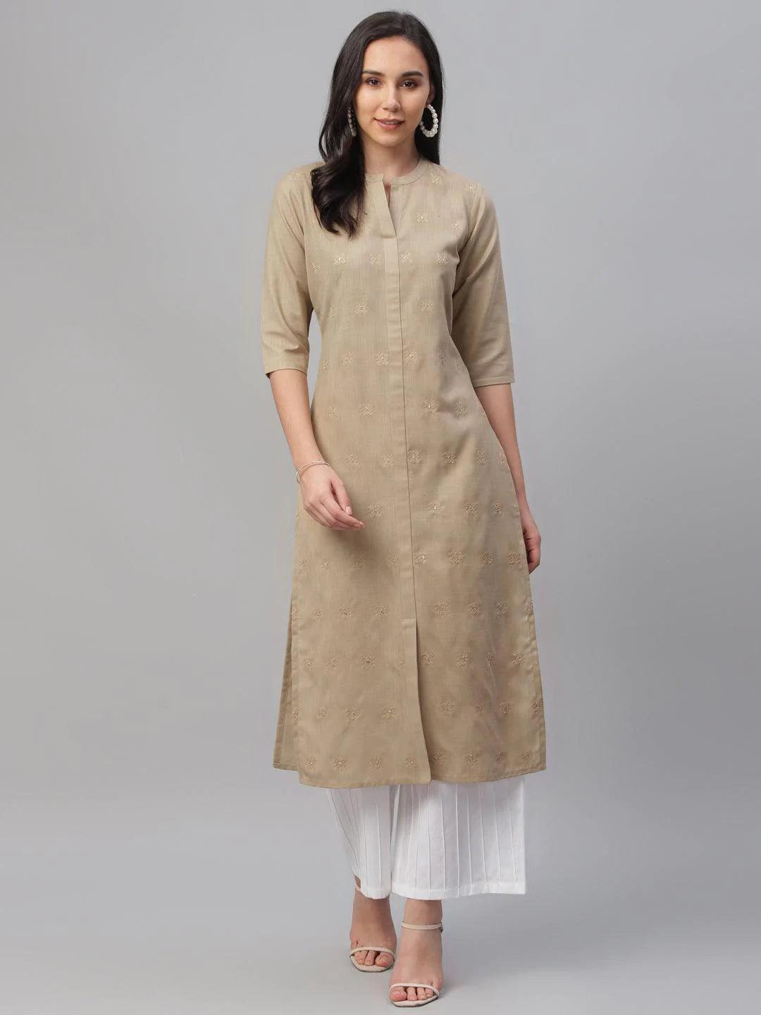 Beige Embroidered Cotton Kurta - ShopLibas