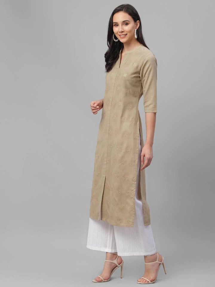 Beige Embroidered Cotton Kurta - ShopLibas
