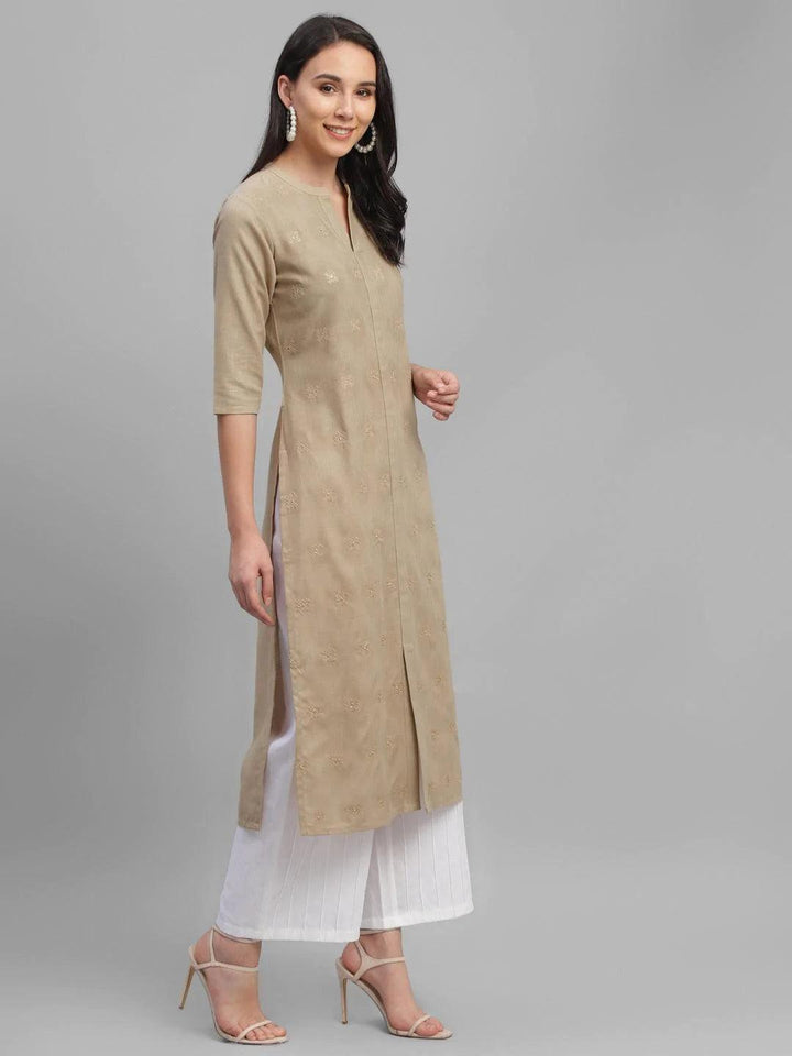 Beige Embroidered Cotton Kurta - ShopLibas