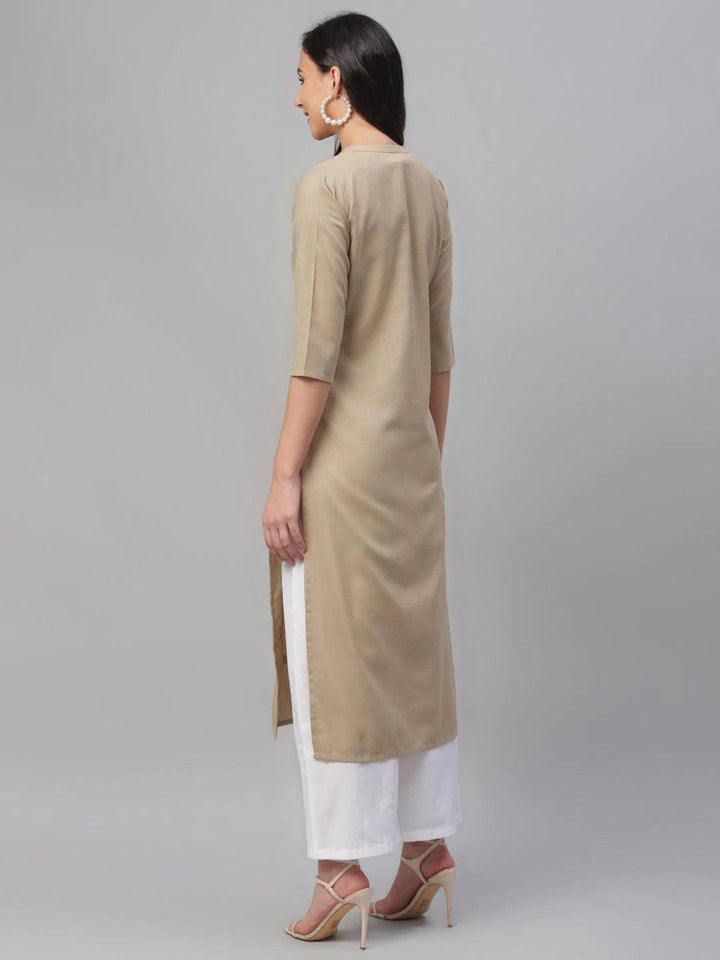 Beige Embroidered Cotton Kurta - ShopLibas