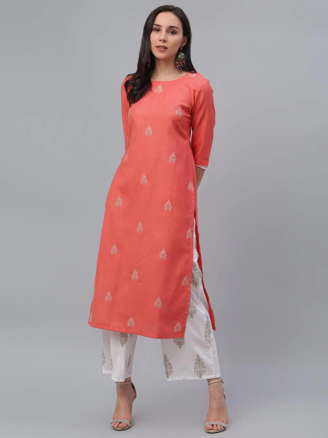 Pink Embroidered Cotton Kurta - ShopLibas