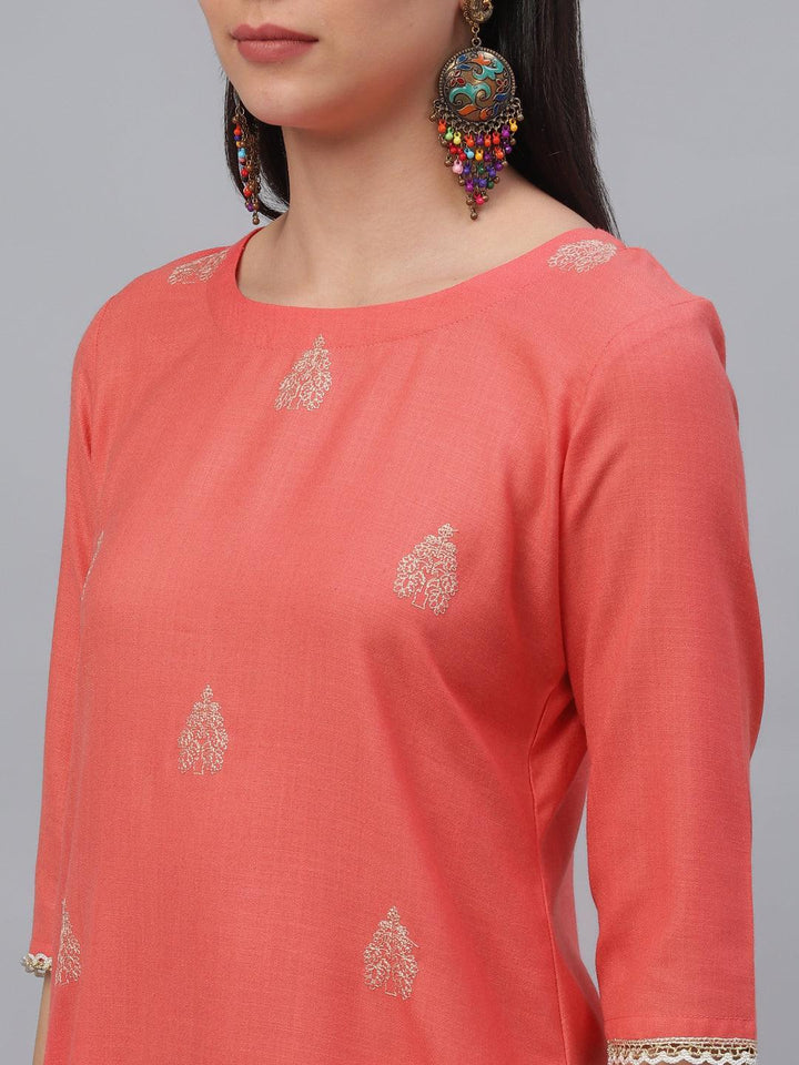 Pink Embroidered Cotton Kurta - ShopLibas
