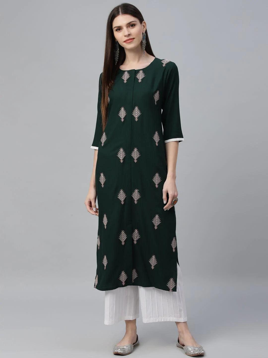 Green Embroidered Cotton Kurta - ShopLibas