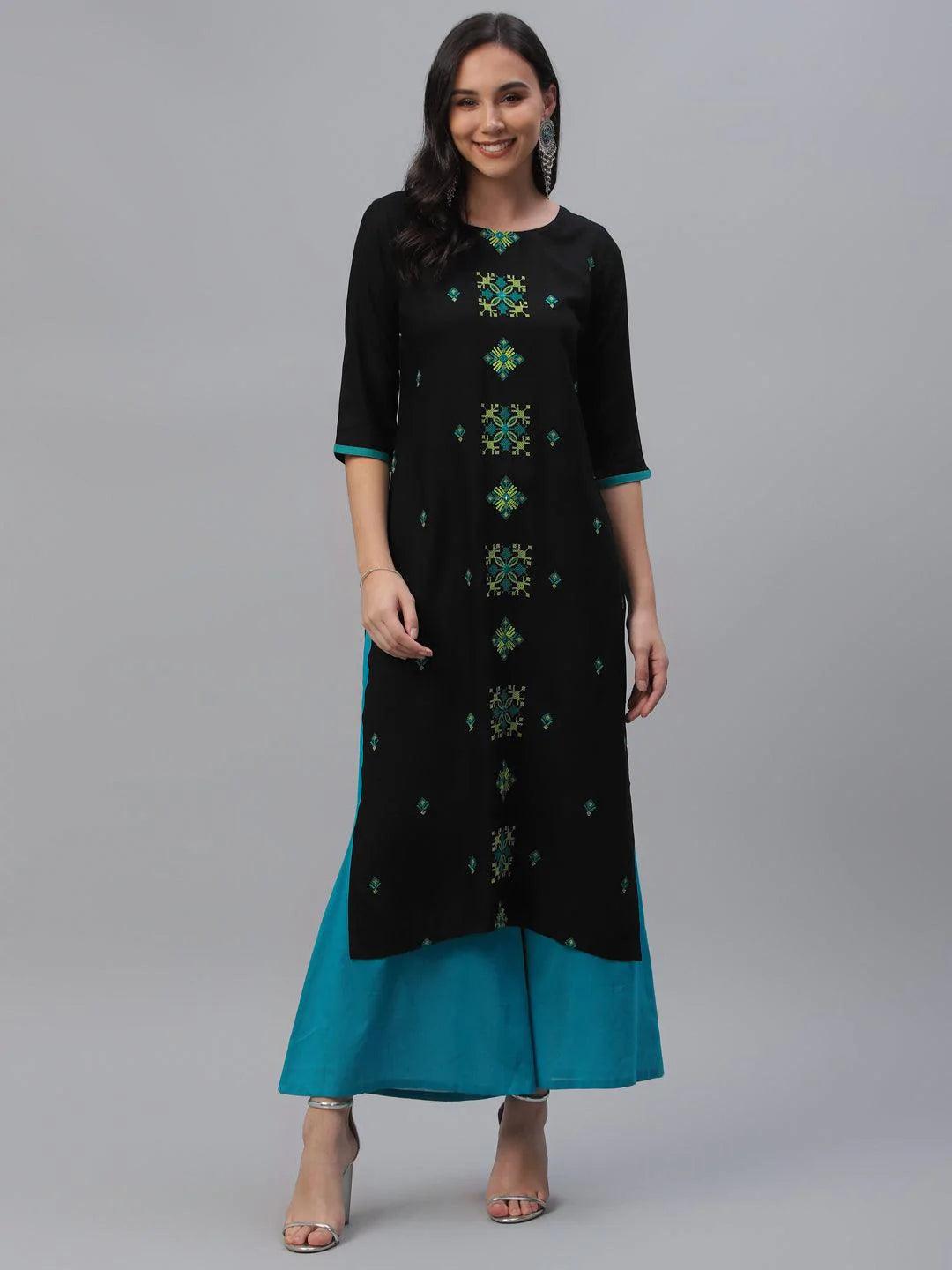 Black Embroidered Rayon Kurta - ShopLibas