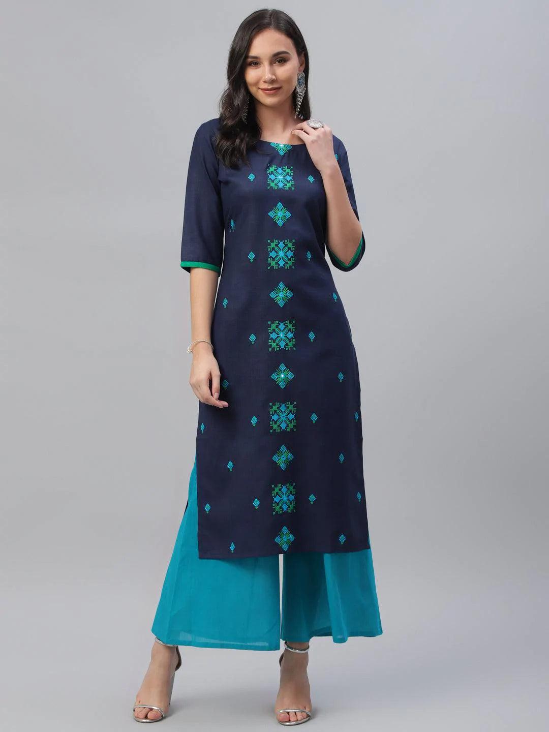 Blue Embroidered Cotton Kurta - ShopLibas