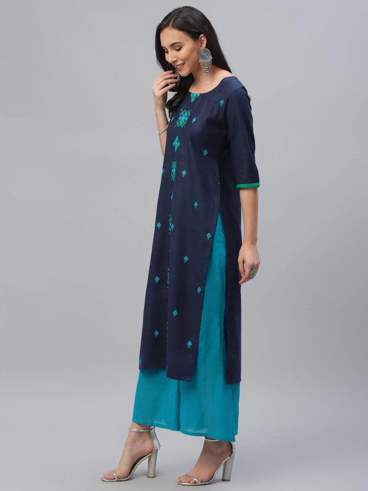 Blue Embroidered Cotton Kurta - ShopLibas