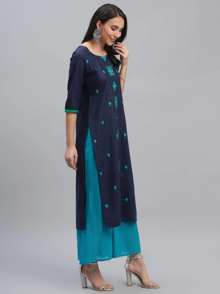 Blue Embroidered Cotton Kurta - ShopLibas