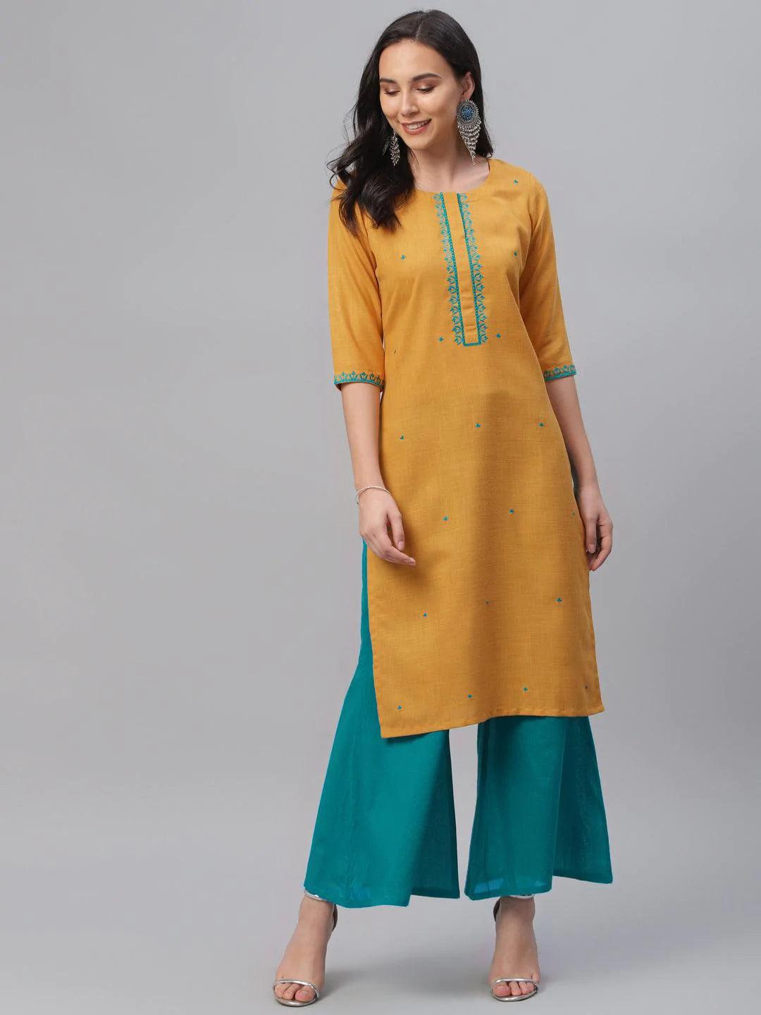 Yellow Embroidered Cotton Kurta - ShopLibas