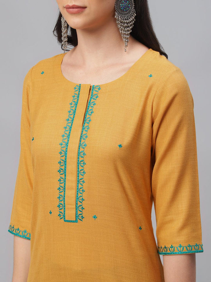 Yellow Embroidered Cotton Kurta