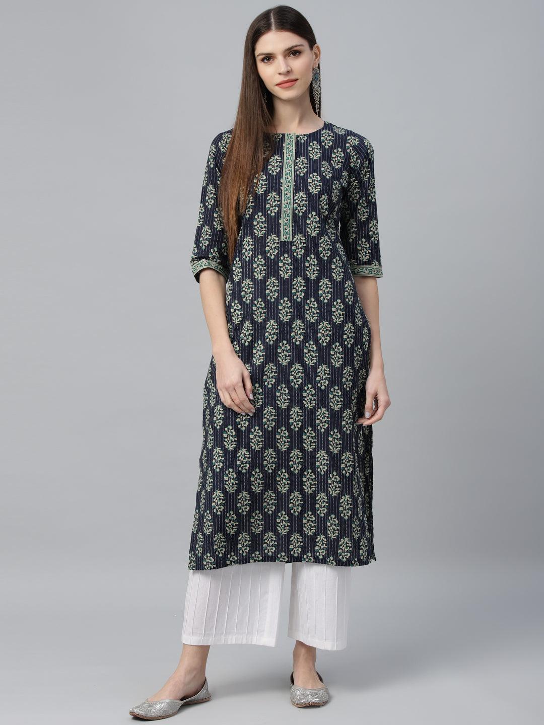 Blue Printed Cotton Kurta - ShopLibas
