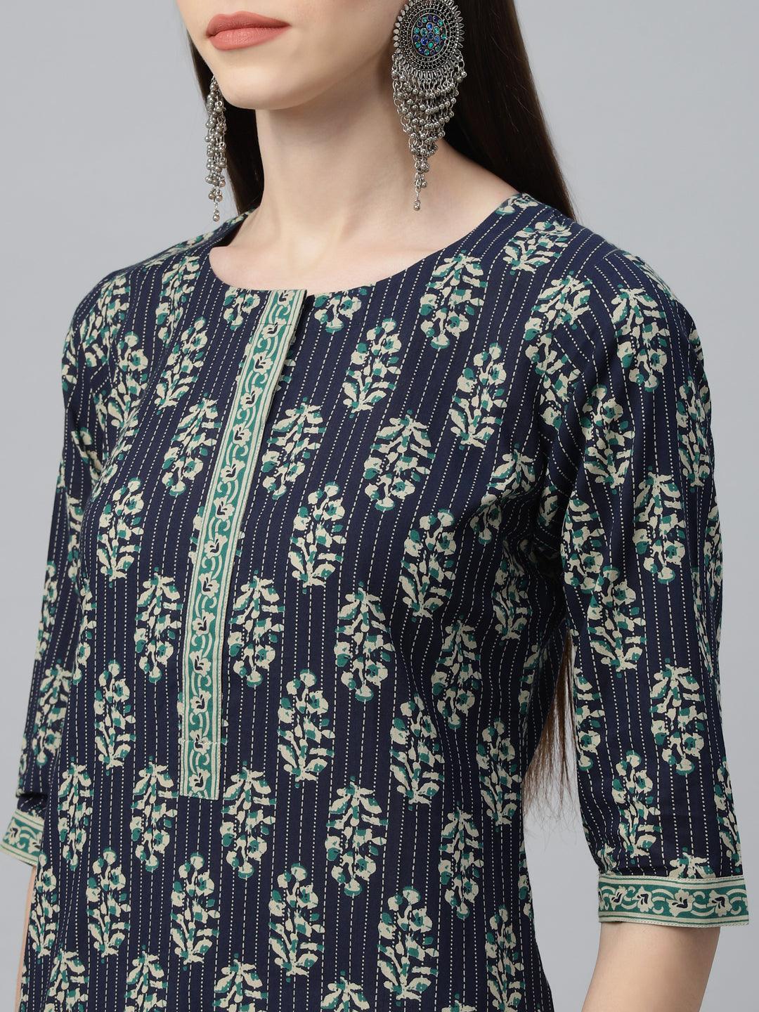 Blue Printed Cotton Kurta - ShopLibas
