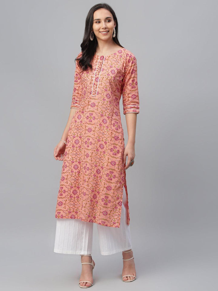 Peach Printed Cotton Kurta - ShopLibas