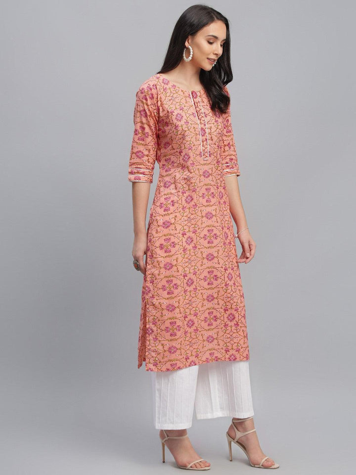 Peach Printed Cotton Kurta - ShopLibas