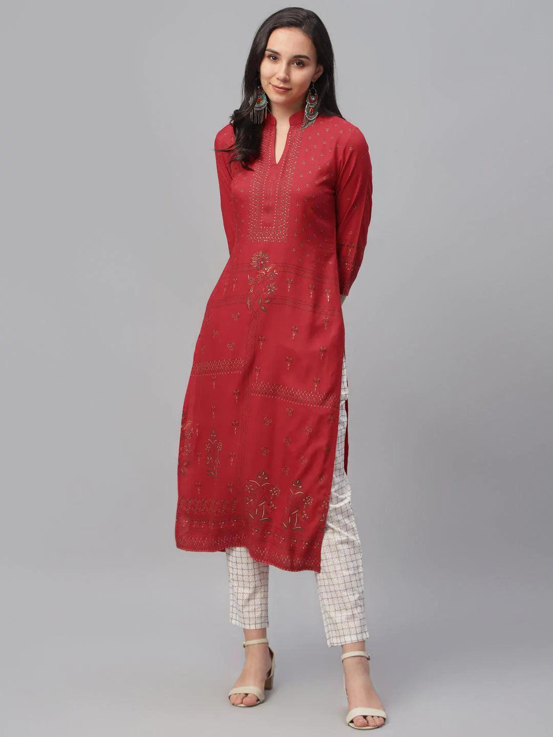 Red Printed Rayon Kurta - ShopLibas