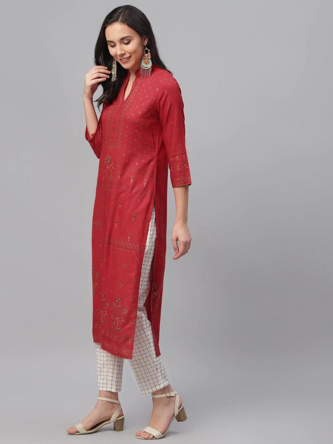 Red Printed Rayon Kurta - ShopLibas 