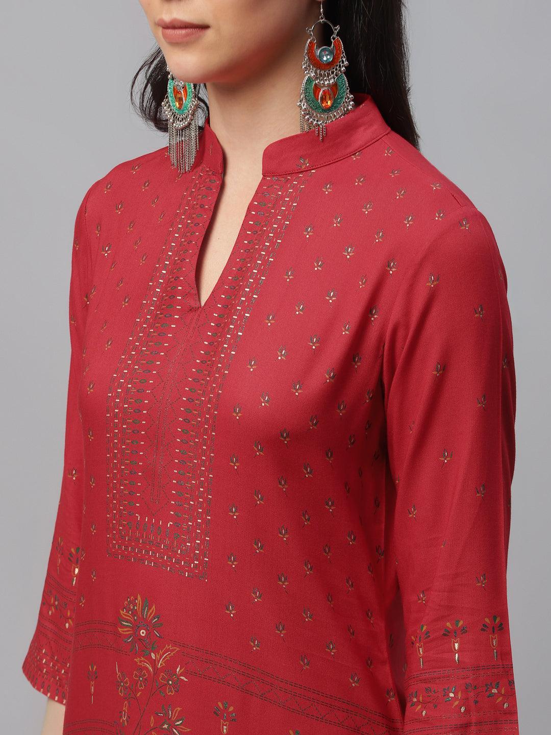Red Printed Rayon Kurta - ShopLibas 