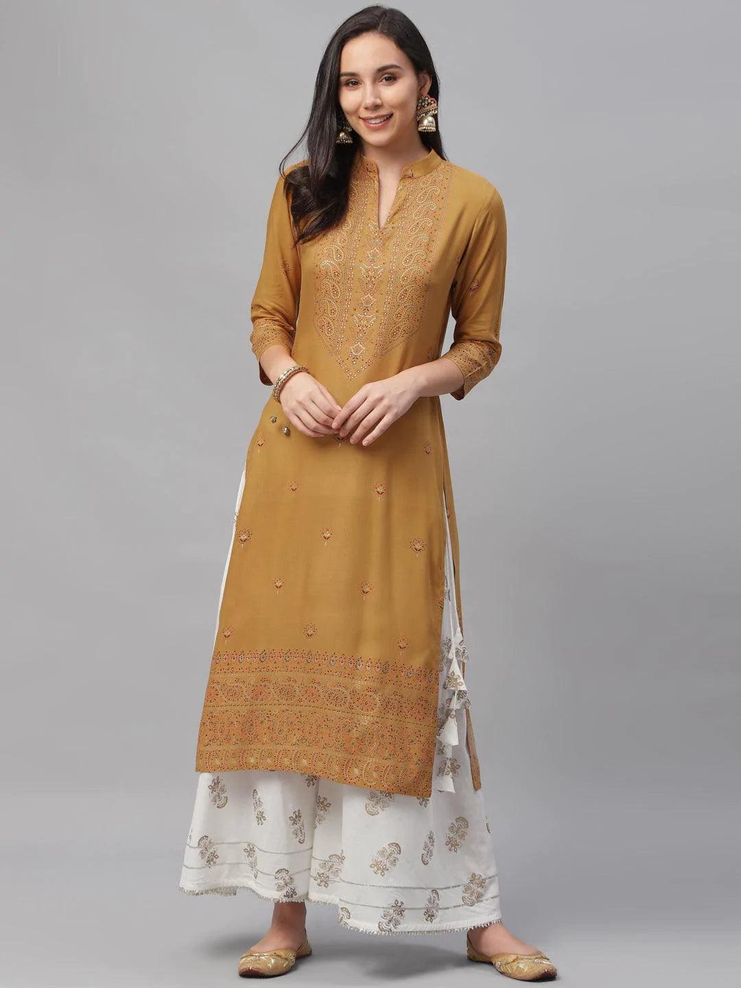 Yellow Printed Rayon Kurta - ShopLibas