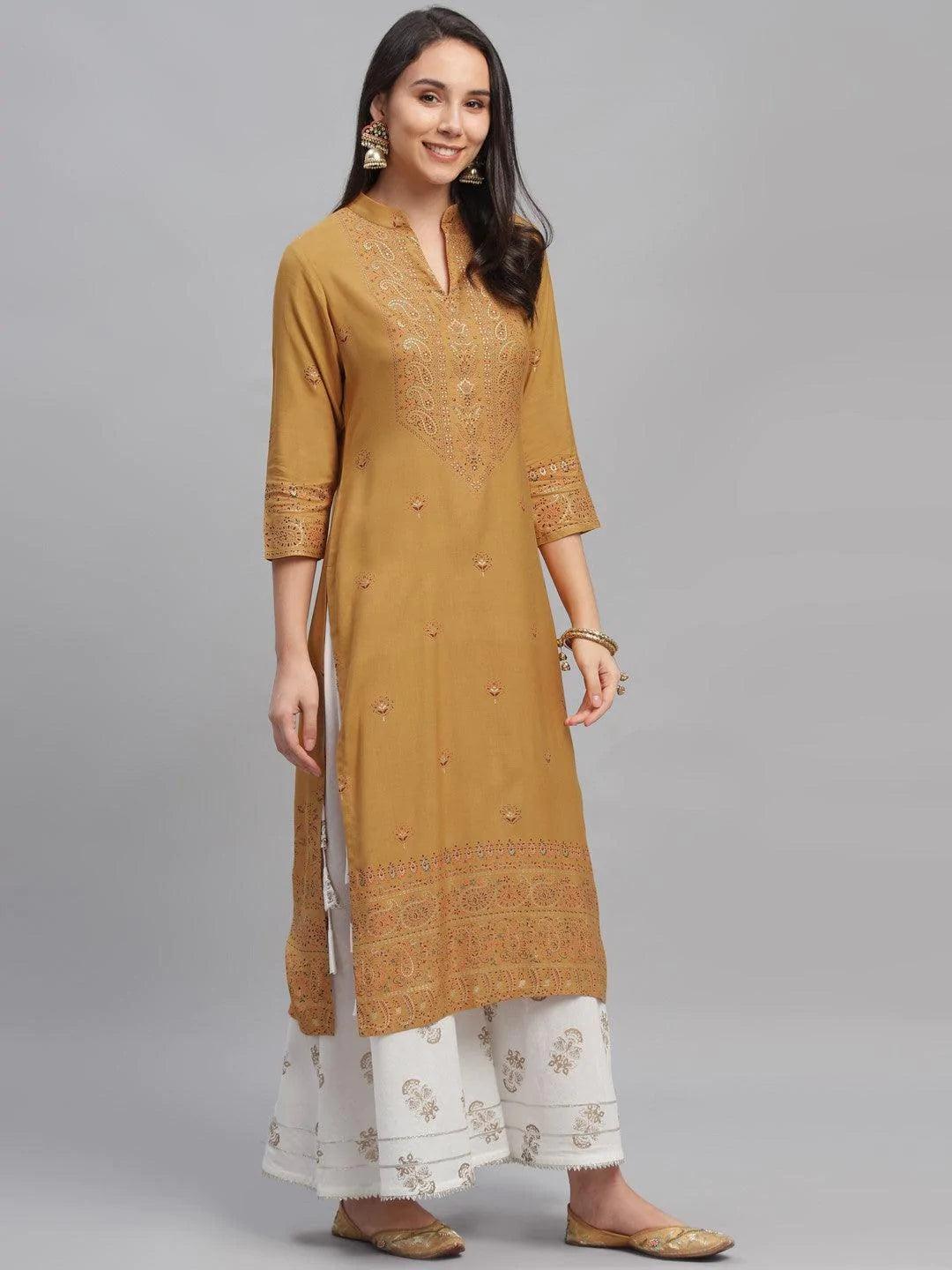 Yellow Printed Rayon Kurta - ShopLibas 