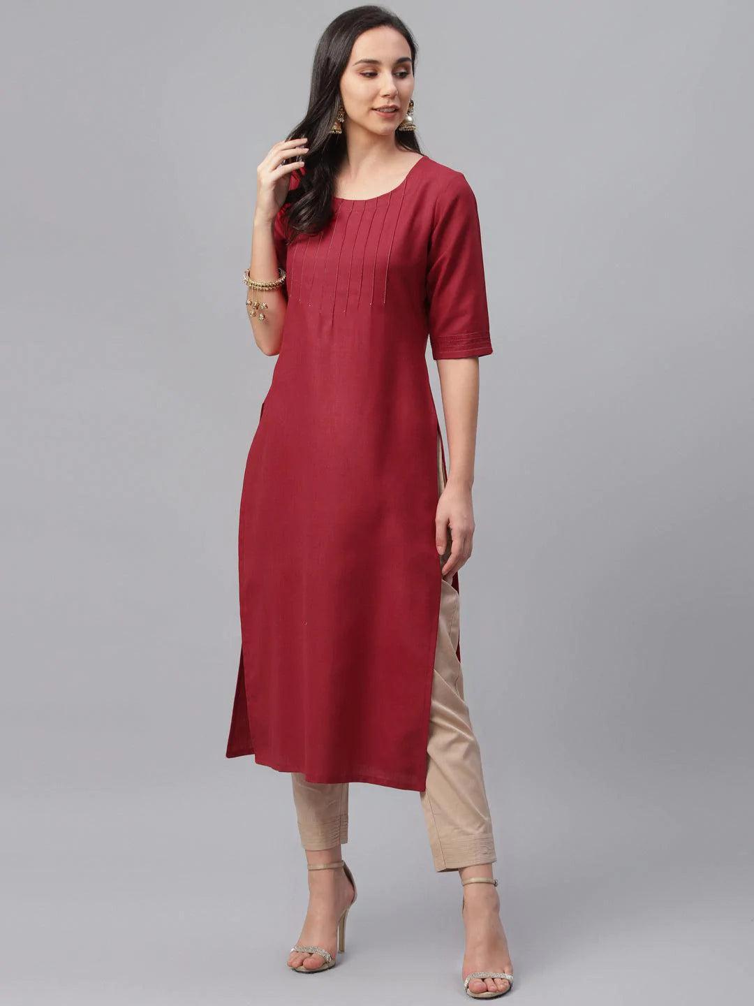 Maroon Solid Cotton Kurta - ShopLibas