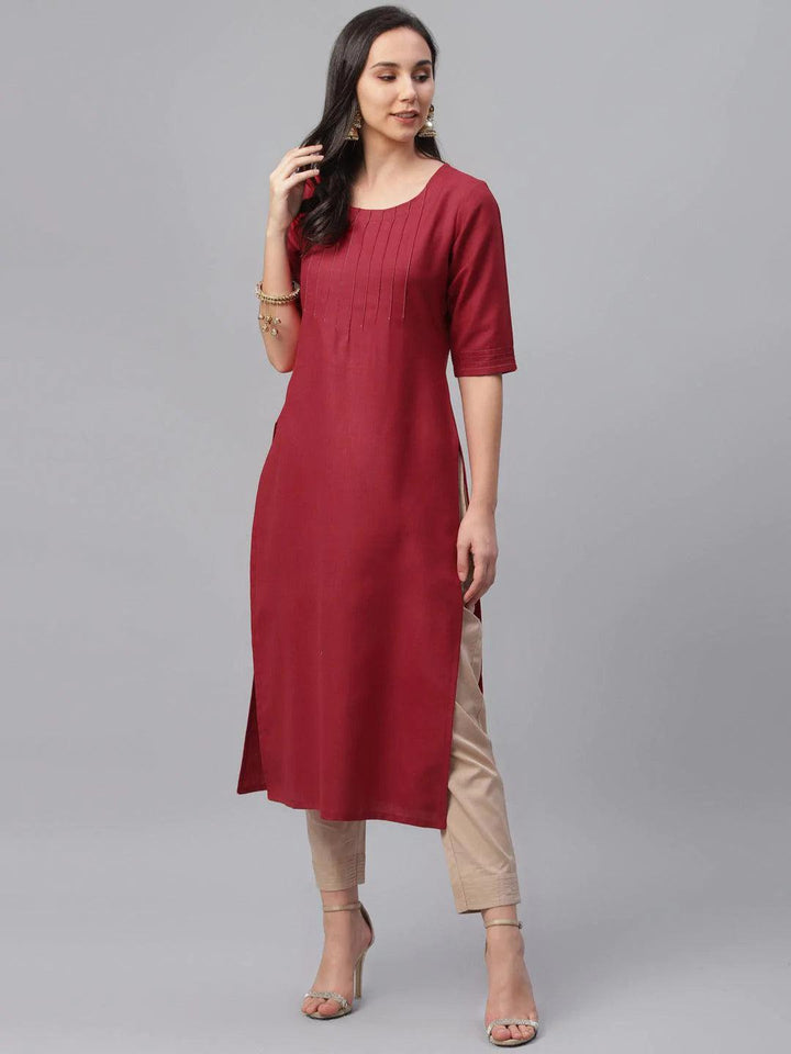 Maroon Solid Cotton Kurta - ShopLibas
